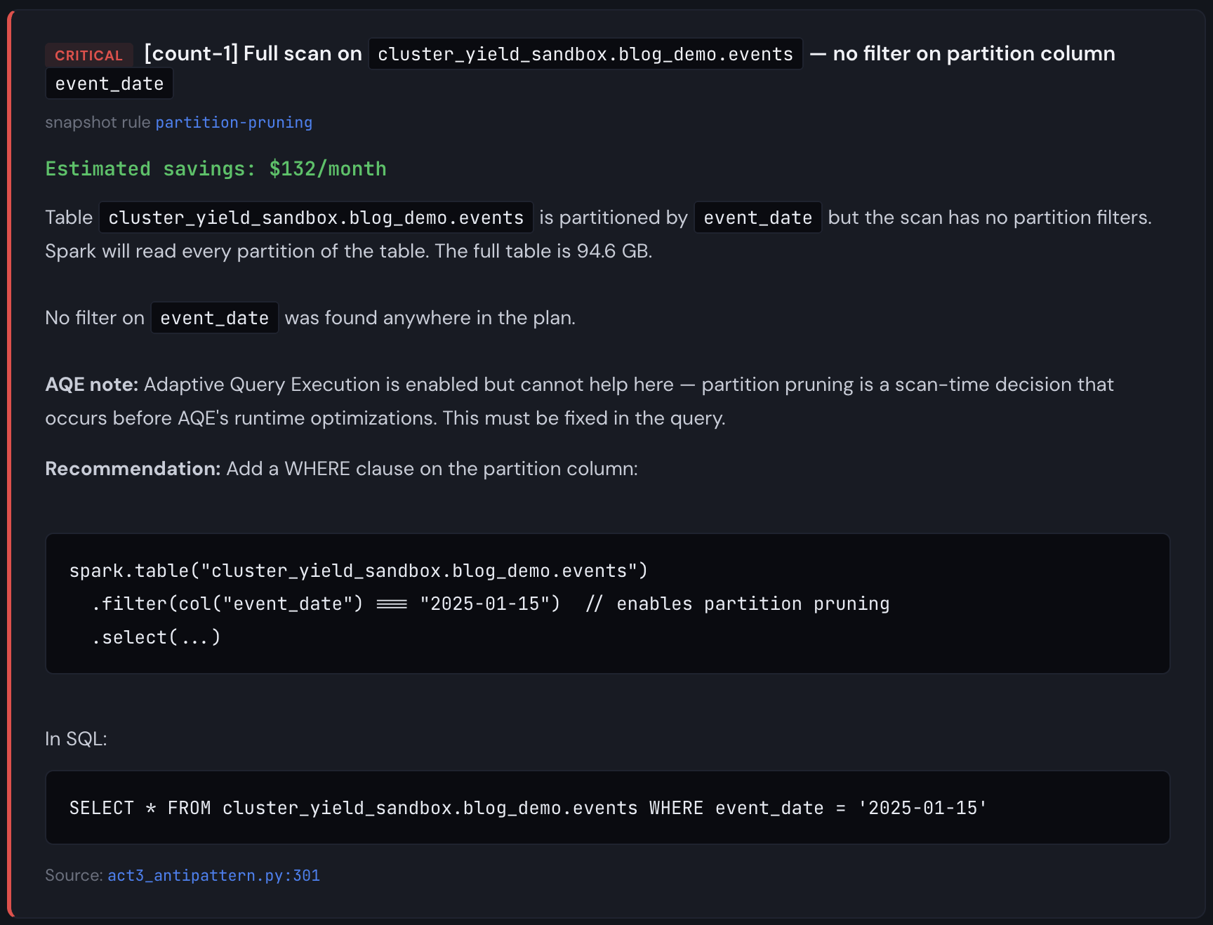 Partition pruning findings showing critical severity with cost estimates
